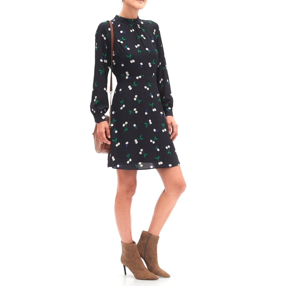 Banana Republic Dress Size 14 Long Sleeve Navy Blue White‎ Cherries Cherry Print